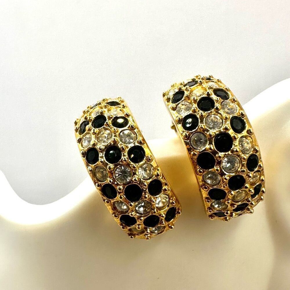Roman black rhinestone gold tone hoop earrings